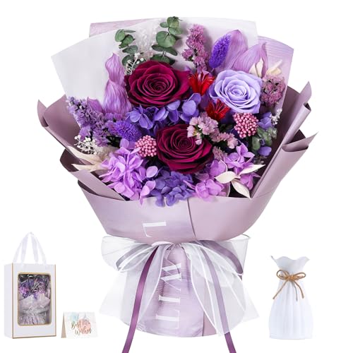 Lewondr Flower for Delivery, Preserved Flowers Bouquet, Purple Roses Bouquet, Real Long-Lasting Forever Birthday Flowers G...