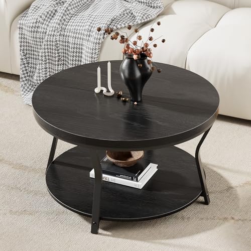 Round Coffee Table, Circle Wood Coffee Tables for Living Room, 2 Tier Industrial Modern Center Table with Thickened Tablet...