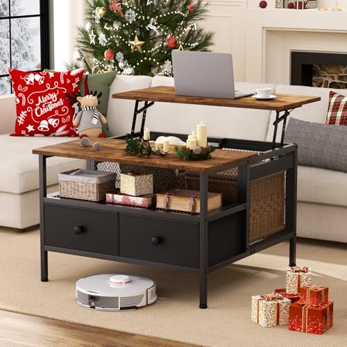 FABATO Lift Top Coffee Table, Square Coffee Table Metal Wood, Farmhouse Lift Up Coffee Tables Cocktail Table with Wire Mes...