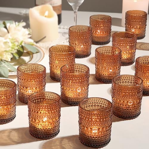 24pcs Amber Votive Candle Holders for Table, 2x2.5in Vintage Glass Small Tea Light Candles Holders for Home Decor, Tealigh...