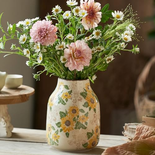 Levvohd Vintage Ceramic Vase, 7.7 Inch Yellow and Beige Sunflower Floral Modern Flower Vases for Home Decor Aesthetic Livi...