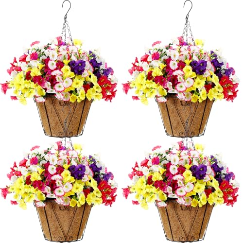 Suncalla 4 Sets Artificial Hanging Flowers with Basket, Faux Silk Colorful Morning Glory Flower Arrangement UV Resistant f...