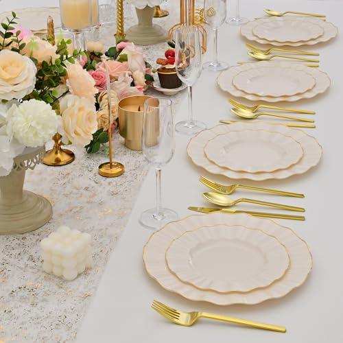 ISFANGCO 102Pcs Ivory White Plastic Plates with Gold Trim, Heavy Duty Wedding Plates, Elegant Disposable Plate Sets includ...
