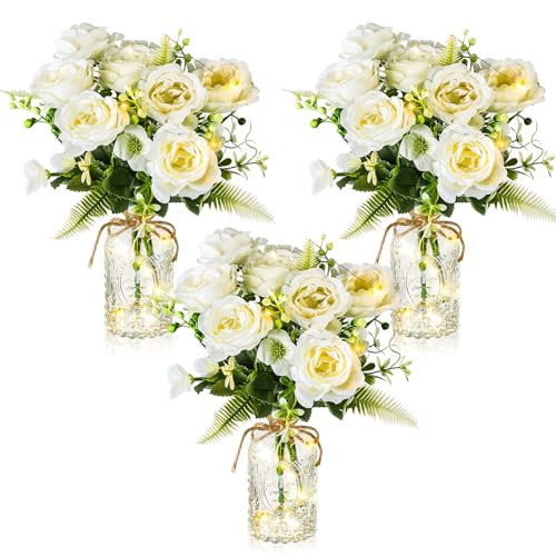 Thiccywoov 3 Sets Artificial Flowers Bouquets in Glass Vase with LED String Lights Artificial Silk Flowers with Glass Vase...