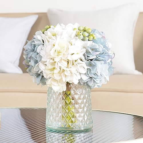 Wracra Hydrangeas Floral Arrangement in Glass Vase, Fake Flowers Silk Hydrangea Artificial Flowers with Vase for Home Offi...