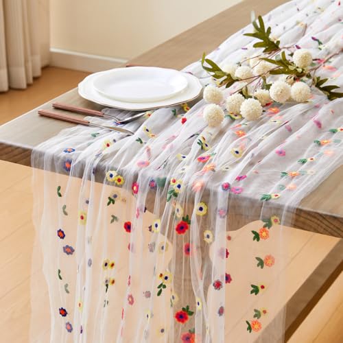 Wracra Embroidery Cheesecloth Table Runner Daisy Summer Fall Table Runner 120 inch 10ft Florals Gauze Table Runners for We...