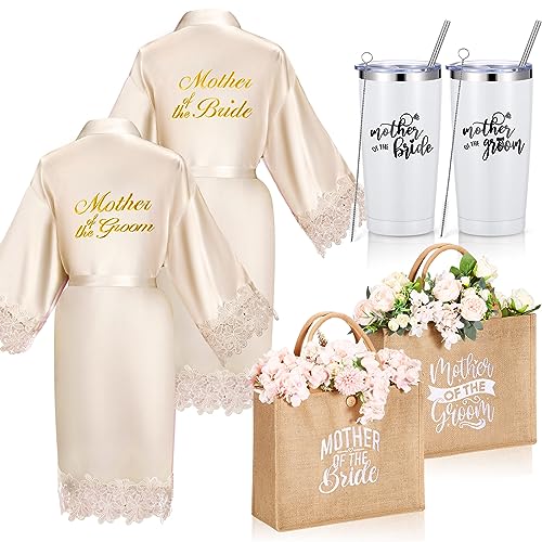 Jeyiour 6 Pcs Valentine Mother of Bride and Groom Gift Satin Robe Tote Bag 20oz Tumbler for Engagement Wedding Bridal Show...