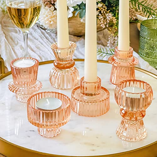 Kate Aspen Vintage Ribbed Glass Black Candlestick Holders, Pillar Candle, Tealight & Votive Candle Holders (Set of 6, 3 As...