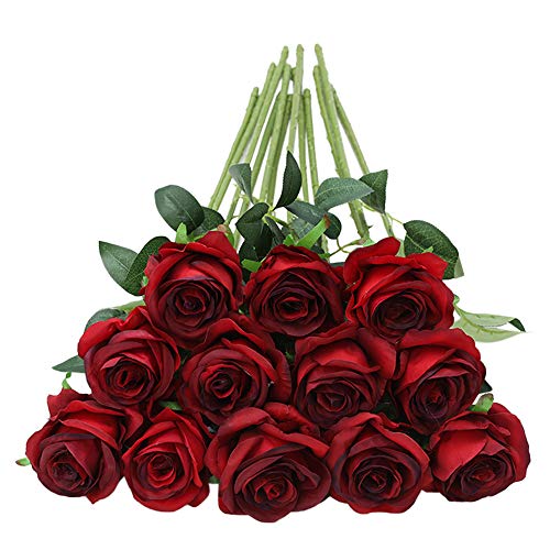 Tifuly 12pcs Red Roses Artificial Flowers,Realistic Long Stem Fake Silk Roses Bouquet for Party Home Wedding Centerpiece O...