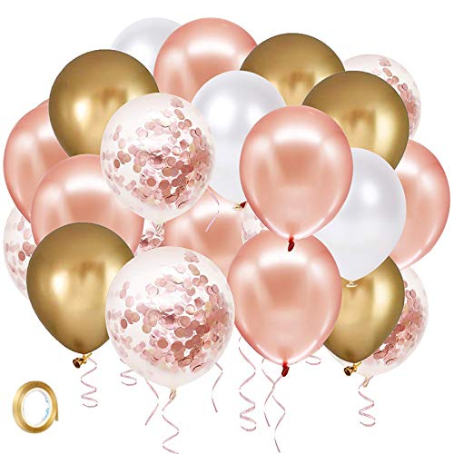 Rose Gold Confetti Latex Balloons, 60 Pack White Balloons 12 Inch with Gold Ribbon for Birthday Party, Wedding, Bridal Sho...