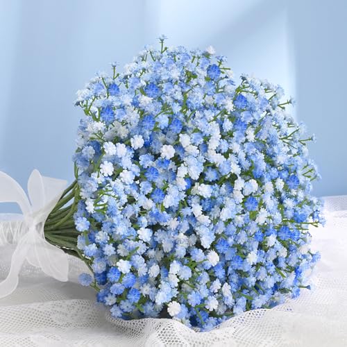 Elyum Babys Breath Artificial Flowers, 12 Pcs Long Stem Baby Breath Flowers Artificial Bulk, Real Touch Blue Fake Babys Br...