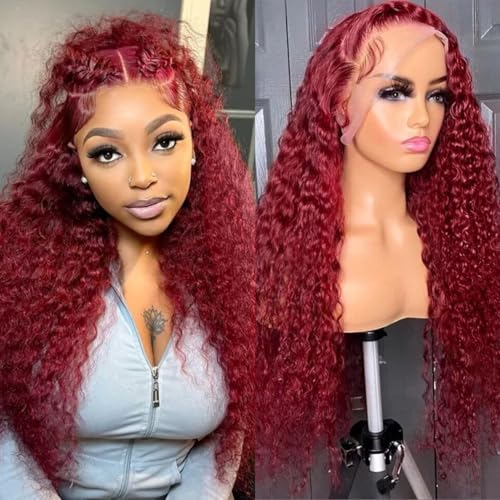 Bworto 30 Inch Burgundy Wig Human Hair 99j Burgundy 13x6 Deep Wave Lace Front Wigs Human Hair Pre Plucked HD Transparent L...