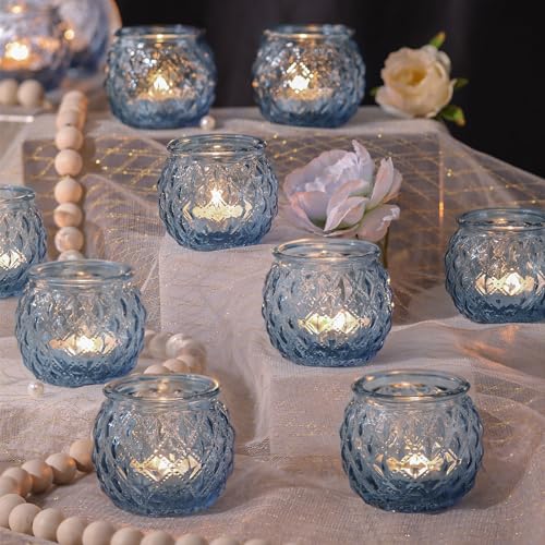 Generic DARJEN 12Pcs Blue Votive Candle Holders - Round Glass Candle Holders Bulk for Tea Light Candle, Diamond Texture Ca...