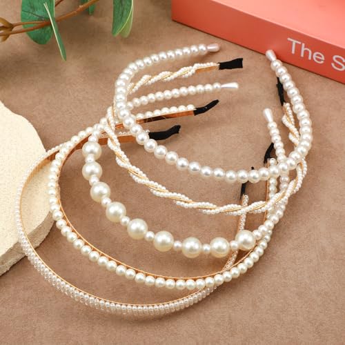 HaiFafafaing 5 Pcs Pearl Headband for Girls White Bridal Pearl Headbands With Pearls Hairbands Elegant Pearls Headpiece El...