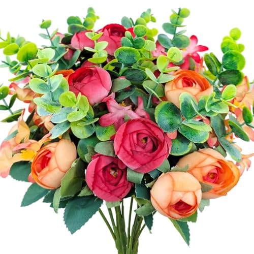 Carfoeny 4 Bundles Artificial Peony Flowers with Eucalyptus & Lilac, UV Resistant Faux Silk Plants for Outdoor Planters, C...