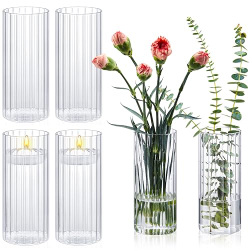 Ninehaoou 6 Pcs 8 Inch Tall Glass Ribbed Cylinder Vases Clear Floating Candle Flower Vase in Bulk, Hurricane Candle Holder...