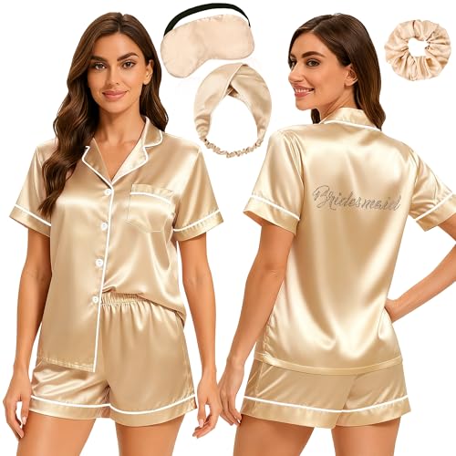 EPLAZA Bride Bridal Pajamas Set Women Bridesmaid Pajamas with Rhinestones 2pcs Silk Satin Pjs Set Bridal Bachelor Party Gifts