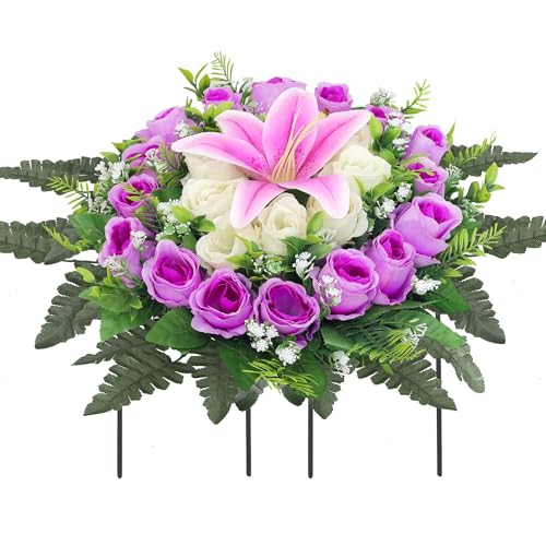 IDMOP Artificial Cemetery Flowers,Grave Decorations Handcrafted Fake Birthday Flowers Cake,Silk Memorial for Cemetery for ...