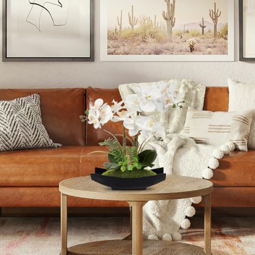 Briful Orchid Artificial Flowers 15in White Fake Orchid Silk Flowers with Black Pot Faux Phalaenopsis Arrangement for Home...