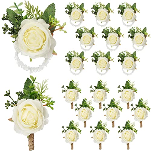 Sherr 20 Pcs Rose Wrist Corsage and Boutonniere Set Flower Wrist Corsage Wristlet Band Bracelet Bridegroom Men's Boutonnie...