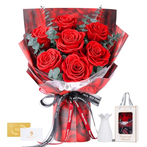 Preserved Flowers Bouquet 7 Roses - Red Real Rose & Flowers for Delivery, Eternal Roses Bouquet with Gift Box, Anniversary...