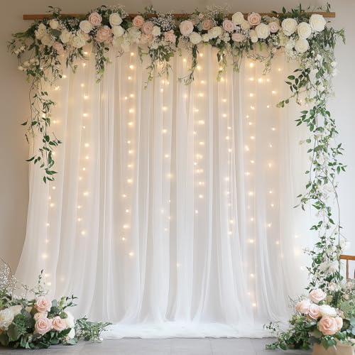 HOLITS White Tulle Backdrop with Fairy Lights for Parites Wrinkle-Free Sheer Curtain Drapes Photo Back Drop for Wedding Ba...