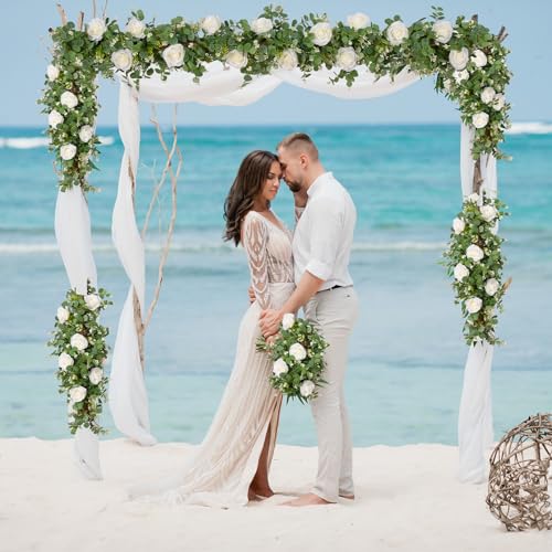 Dolicer 4Pcs 26Ft Artificial Eucalyptus Garlands with Flowers - 8 Roses, Faux Floral Greenery Garlands Fake Flowers Vines ...