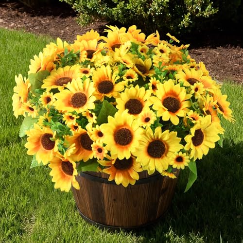 Homsunny Fake Sunflowers Artificial Flowers for Outdoor Decoration, 6 Pcs Faux Silk Sunflowers Realistic UV Resistant for ...