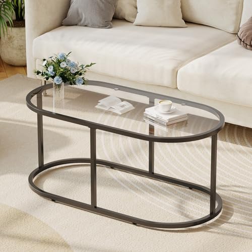 Wolawu Coffee Table Black Glass Coffee Tables for Living Room, Oval Table Center Table with Sturdy Metal Frame,Modern Temp...
