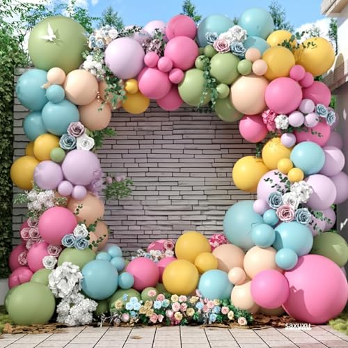 Flower Balloon Arch Kit, 122Pcs Hot Pink Pastel Blue Dusty Green Macaron Orange Lavender Purple Yellow Matte Balloons for ...