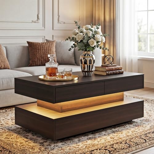 Coffee Table for Living Room, Modern Coffee Table with 2 Storage Drawers, 2 Tier Center Table Wood Coffee Tables with 20 C...