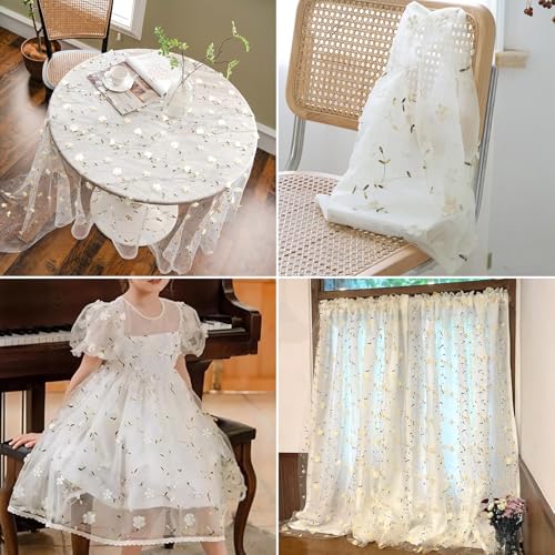 Alynsehom Ivory Gauze Table Runner with White Embroidery 3D Flower 120in 10FT Seasonal Tulle Sheer Table Runners Mesh Lace...