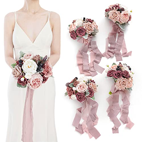 Ling's moment Artificial Bridesmaid Bouquets Set of 4,Dusty Rose Wedding Flower Bouquets Mauve Floral Bouquet Bridal Bouqu...