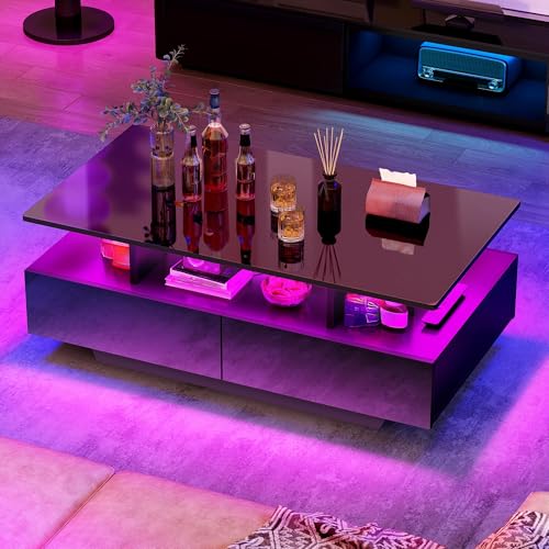 YITAHOME LED Coffee Table with Storage, High Glossy LED Coffee Tables for Living Room, Modern Black Rectangle Coffe Table,...