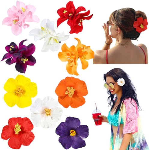 10 Pcs Hawaiian Flower Hair Clips for Women, Plumeria Hibiscus Hair Clips, Artificial Flower Clips 3.5 Inch Hair Accessori...