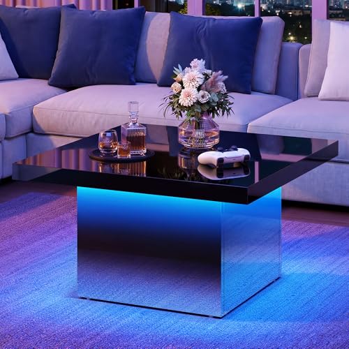 YITAHOME Square Coffee Table, Coffee Tables for Living Room with LED Lights, Modern Cocktail Coffee Table for Decor, Black
