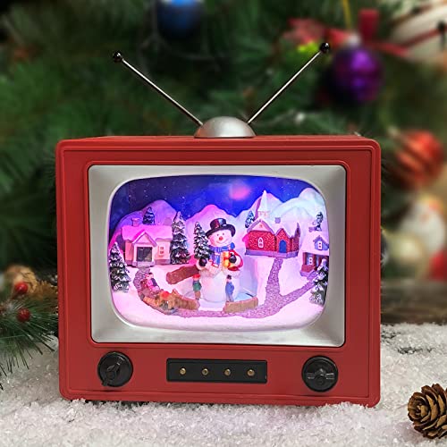 MOMENTS IN TIME Red Retro TV with Snowy Village Home Scene (Animated Snowman) with LED Lights 6" H, 8 Classic Carols Chris...
