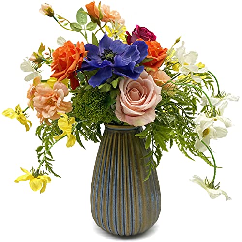 WAKISAKI Artificial Faux Flowers in Vase, Silk Flower Arrangement Artificial Floral Centerpiece, Table Centerpieces for Di...