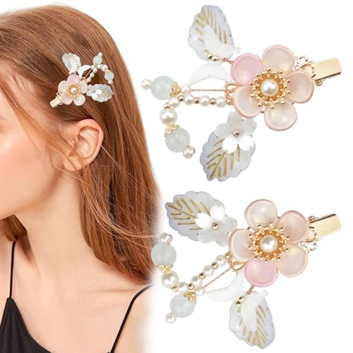 1 Pair of Pink Handmade Glass Flower Hairpin, Vintage Hair Clips, Tassel Hair Clip, Hanfu Decorative Hair Clips, and Chine...