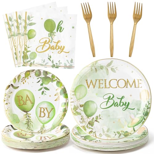 G1ngtar 96Pcs Welcome Baby Greenery Baby Shower Sage Green Balloon Party Plates Supplies Tableware Decorations Disposable ...