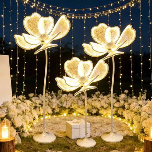 JIUYONG 3Pcs 25.6" Wedding Flower LED Floor Lamp, Creative Peony Lamp with Adjustable Height, Wedding Flower Guide Lights ...