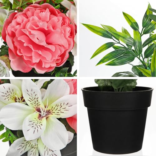 GnFlus Hot Pink Artificial Flowers Small Fake Flowers in Vase Peonies Dahlia Tiger Lily Potted Silk Flower Arrangements Fa...
