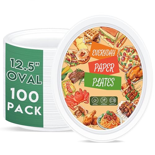 ZOES HOMEWARE 100% Compostable Oval Paper Plates 12 inch Bulk 100 Count, Heavy Duty Large Disposable Plates, Eco-Renewable...