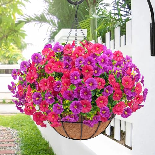 Elyum Artificial Hanging Flowers for Outdoors, Fake Flowers Artificial Petunias Hanging Baskets for Outdoors, UV Resistant...