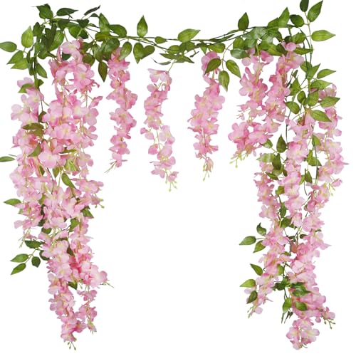 CISDUEO 2 Pcs Wisteria Hanging Flowers Wisteria Flowers Vine Garland Wedding Arch Decoration Pink Artificial Wisteria Vine...