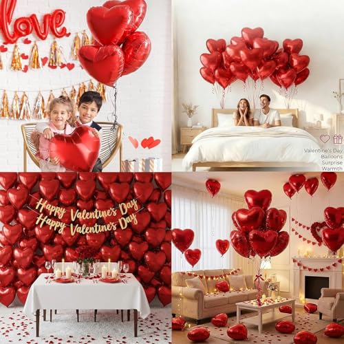 18 Inch Red Heart Balloons, 30 Pcs Foil Heart Shaped Balloon Large Foil Valentines Balloons Helium Support for Valentine's...