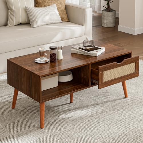 ZttRiee Coffee Table with Storage, Boho Dining Table with Rattan Drawer and Solid Wood Legs, Small Coffee Tables for Livin...