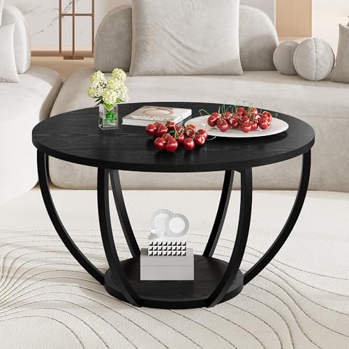 HOMERECOMMEND Round Coffee Table,Wooden 2-Tier Circle Coffee Tables with Storage Shelves,Accent Center Table for Living Ro...