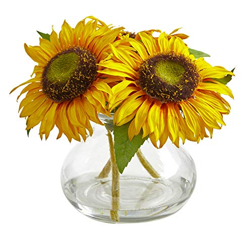 Nearly Natural Sunflower Artificial Glass Vase Silk Arrangements, Yellow