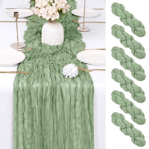 RealBox 6 Pack Sage Green Cheesecloth Table Runner 17x108 Inch Semi Sheer Boho Gauze Cheese Cloth Fabric Table Runners Tab...